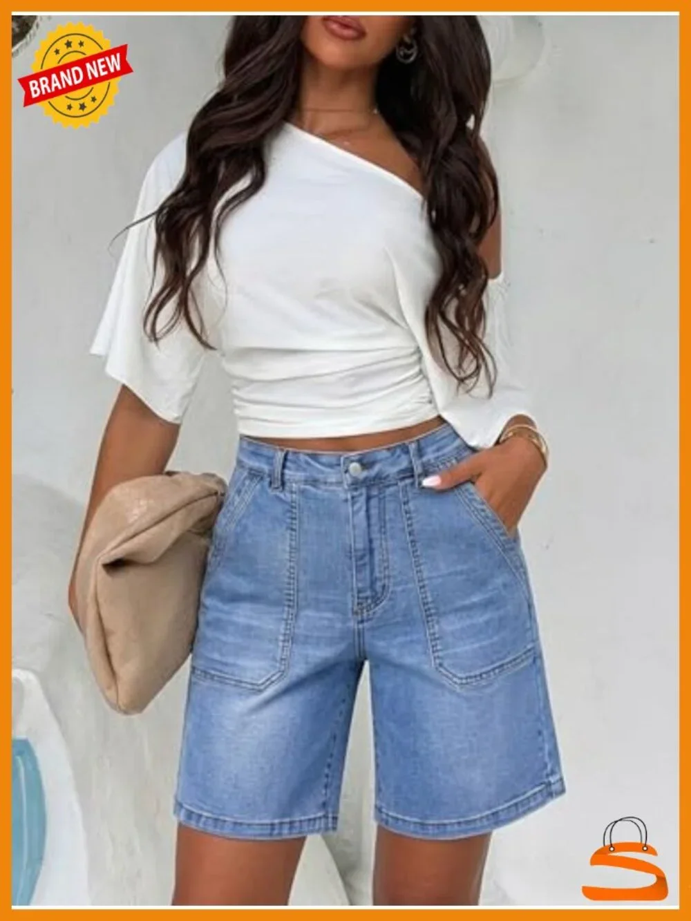 Stretchy Denim Bermuda Shorts with Elastic Waist and Pockets